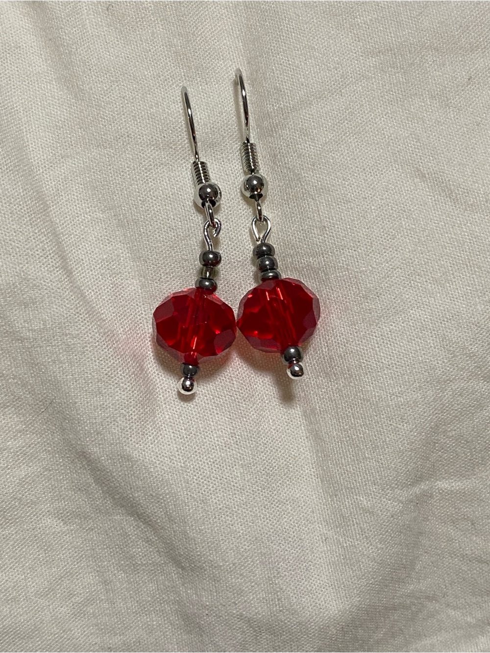 Red Faceted Crystal Drop Earrings with Silver-Tone Accents